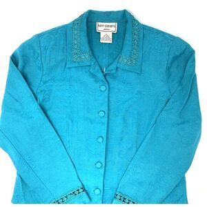Karin Stevens Turquoise Button Up Collared Open Back Slit Womens Jacket Size 10P